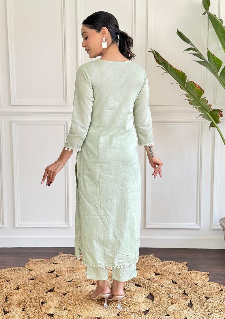 Green Pure Cotton Chikankari Kurta Set