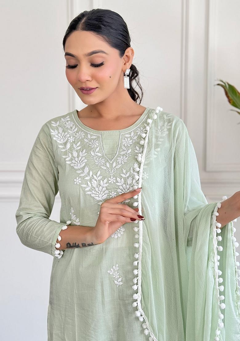 Green Pure Cotton Chikankari Kurta Set