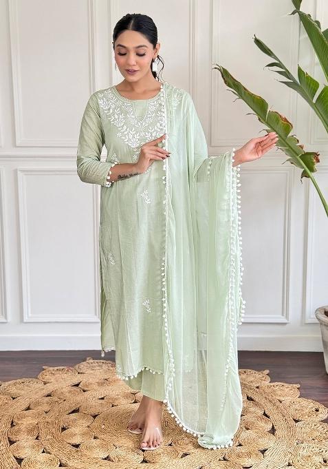 Green Pure Cotton Chikankari Kurta Set