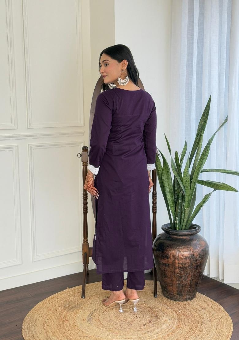 Purple Pure Cotton Chikankari Kurta Set