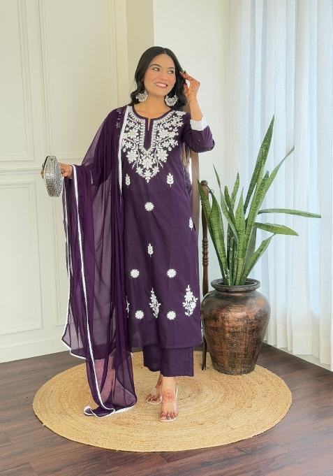 Purple Pure Cotton Chikankari Kurta Set