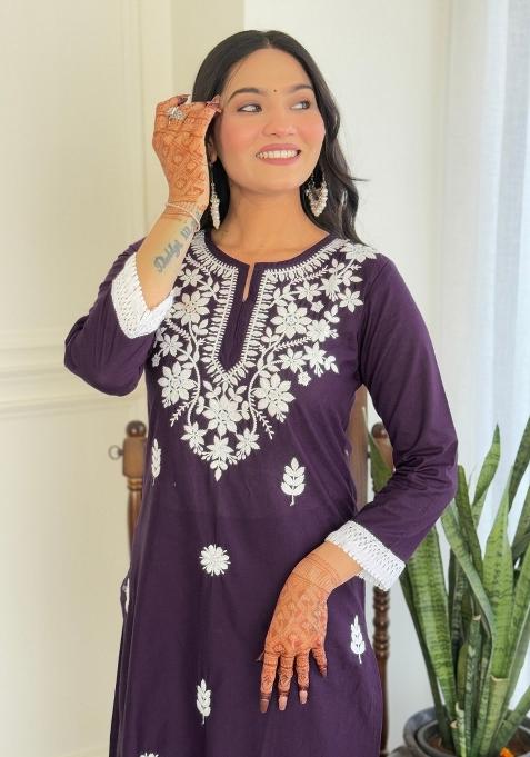 Purple Pure Cotton Chikankari Kurta Set