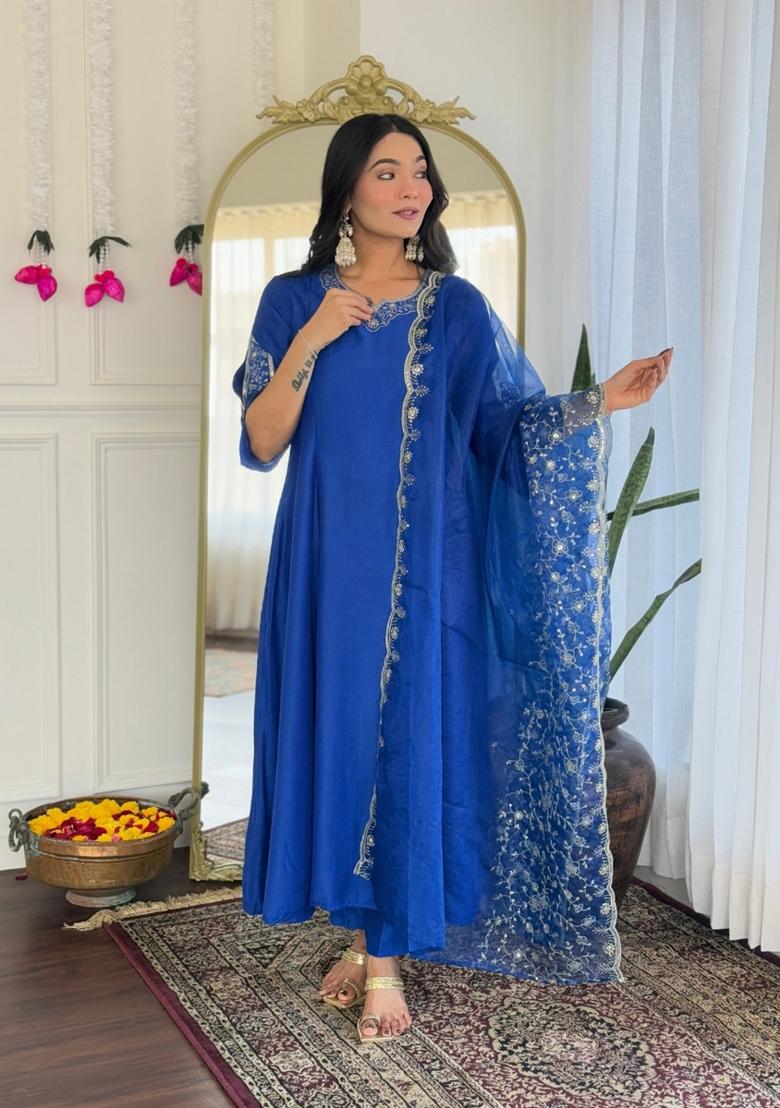 Blue Viscose Embroidered Kurta Set