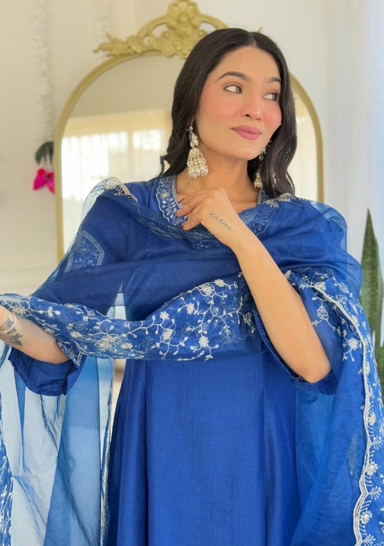 Blue Viscose Embroidered Kurta Set