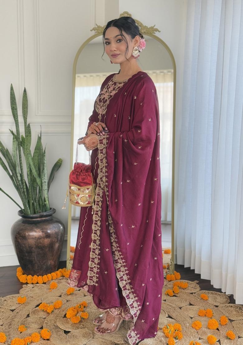 Wine Vichitra Silk Embroidered Kurta Set