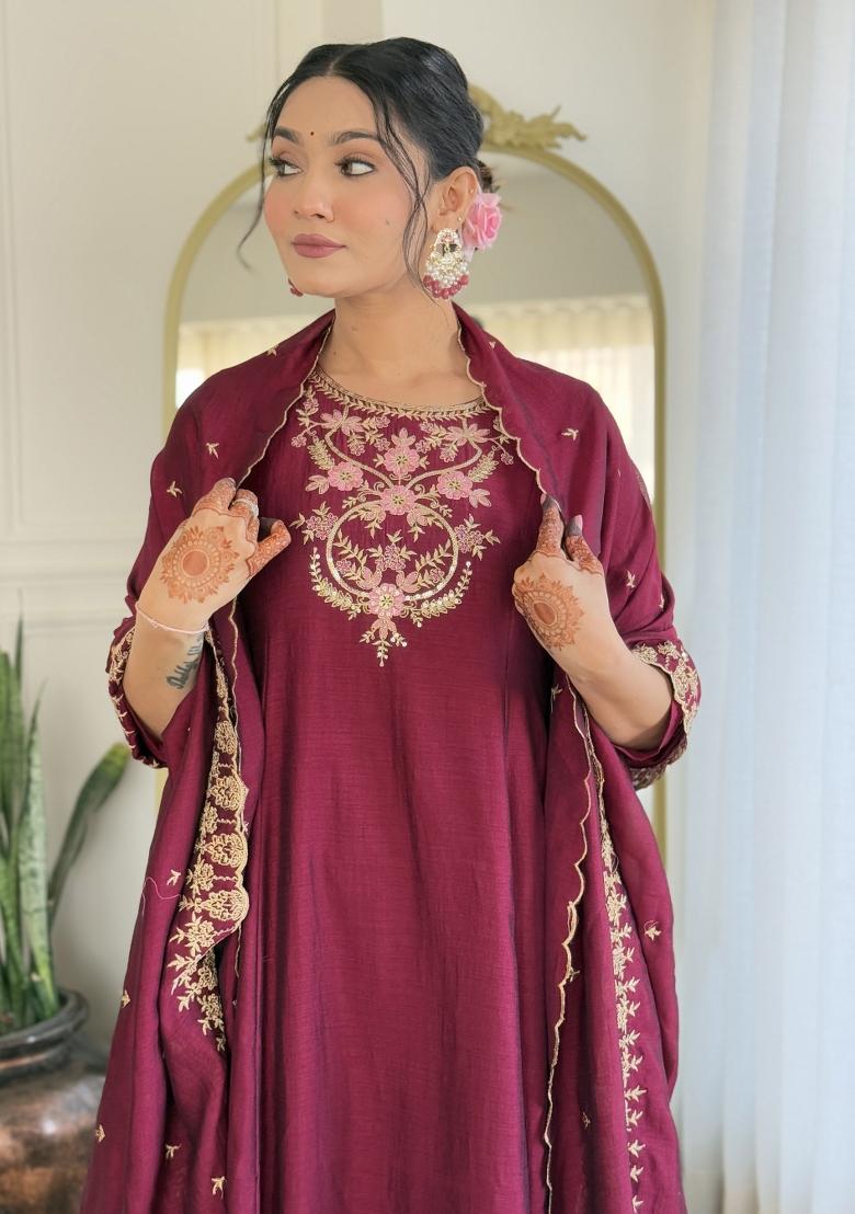 Wine Vichitra Silk Embroidered Kurta Set