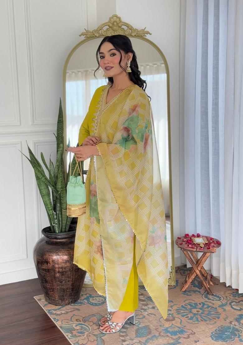 Yellow Viscose Embroidered Kurta Set