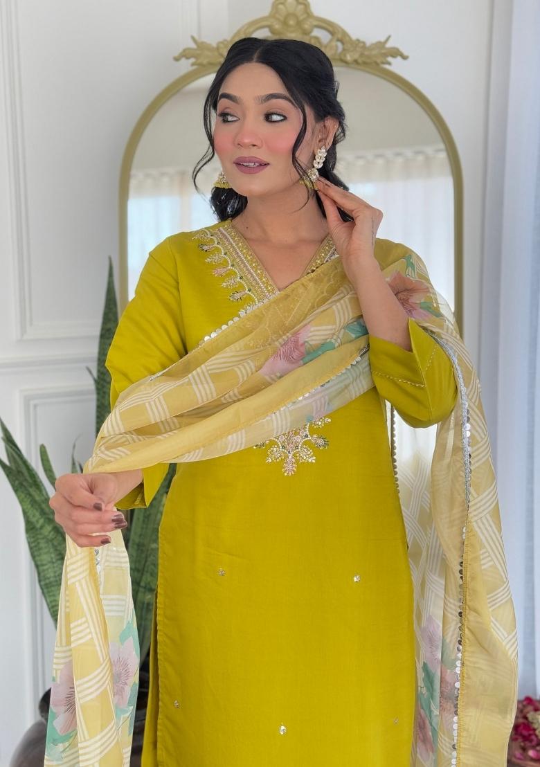 Yellow Viscose Embroidered Kurta Set