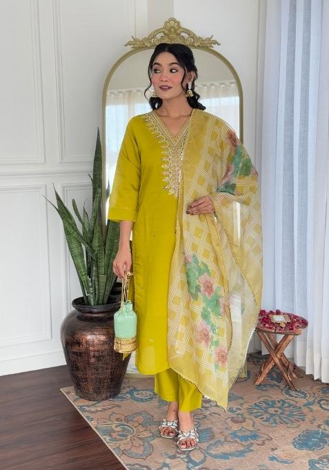 Yellow Viscose Embroidered Kurta Set