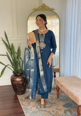 Blue Rayon Embroidered Kurta Set