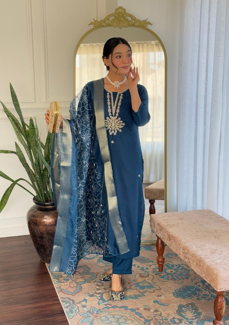 Blue Rayon Embroidered Kurta Set