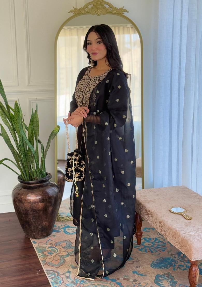 Black Viscose Embroidered Kurta Set