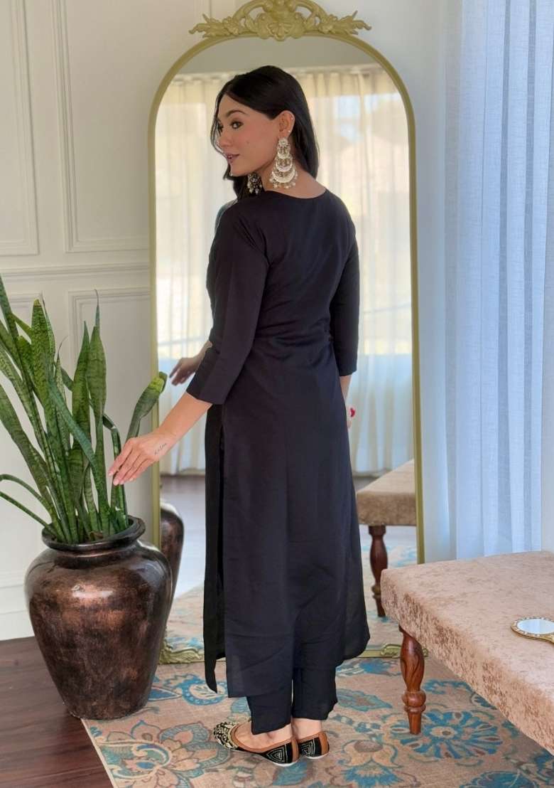Black Embroidered Viscose Straight Kurta Set - Indya