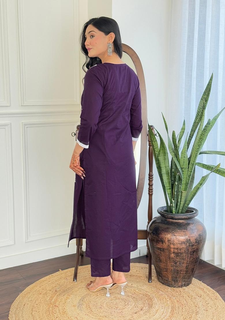 Purple Pure Cotton Chikankari Kurta Set
