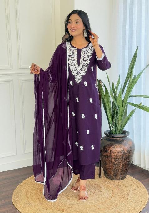 Purple Pure Cotton Chikankari Kurta Set