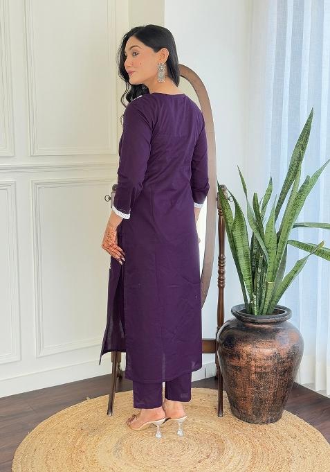 Purple Pure Cotton Chikankari Kurta Set