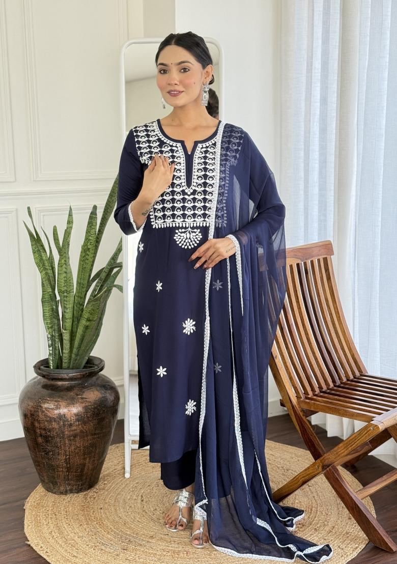 Blue Rayon Thread Work Kurta Set