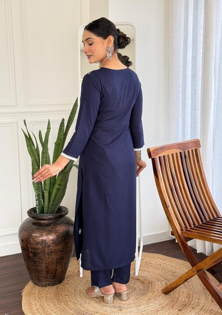 Blue Rayon Thread Work Kurta Set