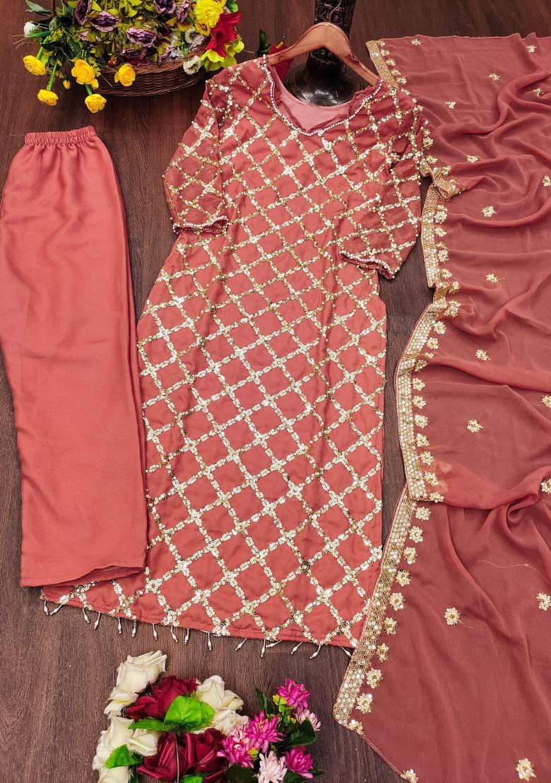 Peach Embroidered Georgette Pakistani Suit Set - Indya