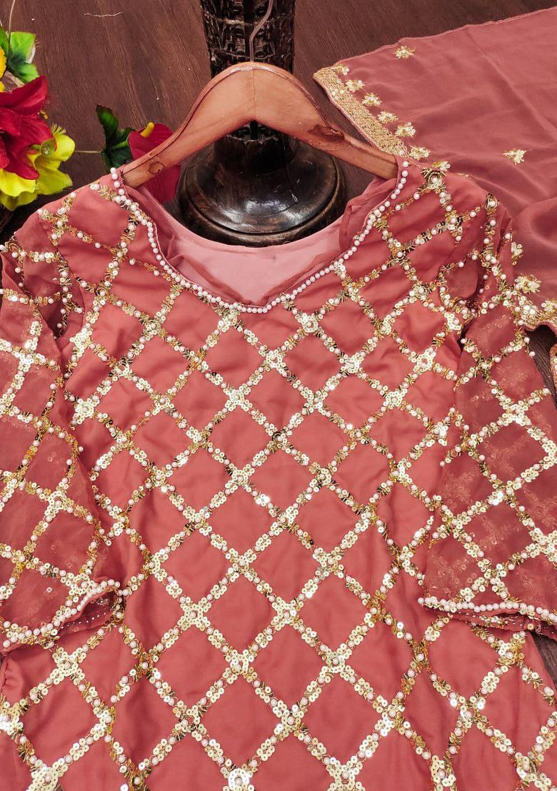 Peach Georgette Embroidered Kurta Set