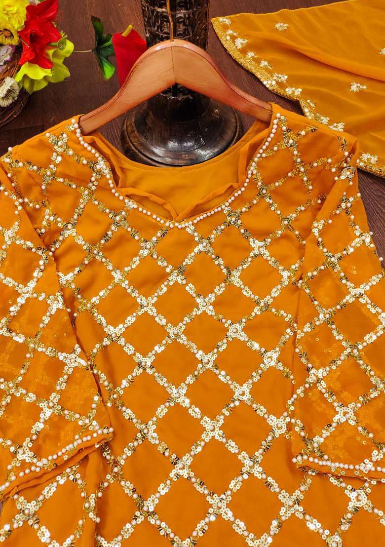 Yellow Embroidered Georgette Anarkali Set - Indya
