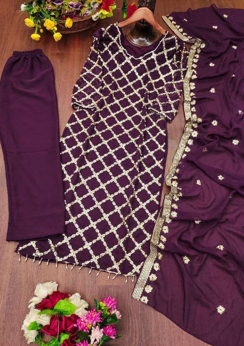 Wine Embroidered Georgette Pakistani Suit Set - Indya