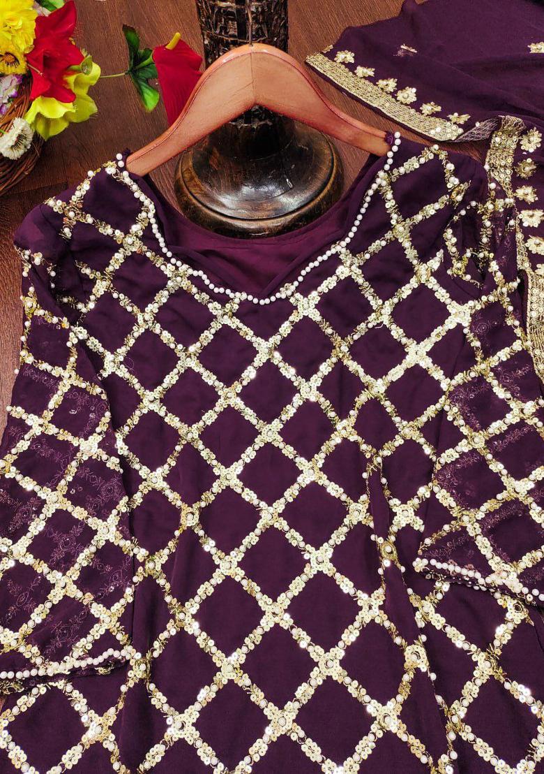 Wine Georgette Embroidered Kurta Set