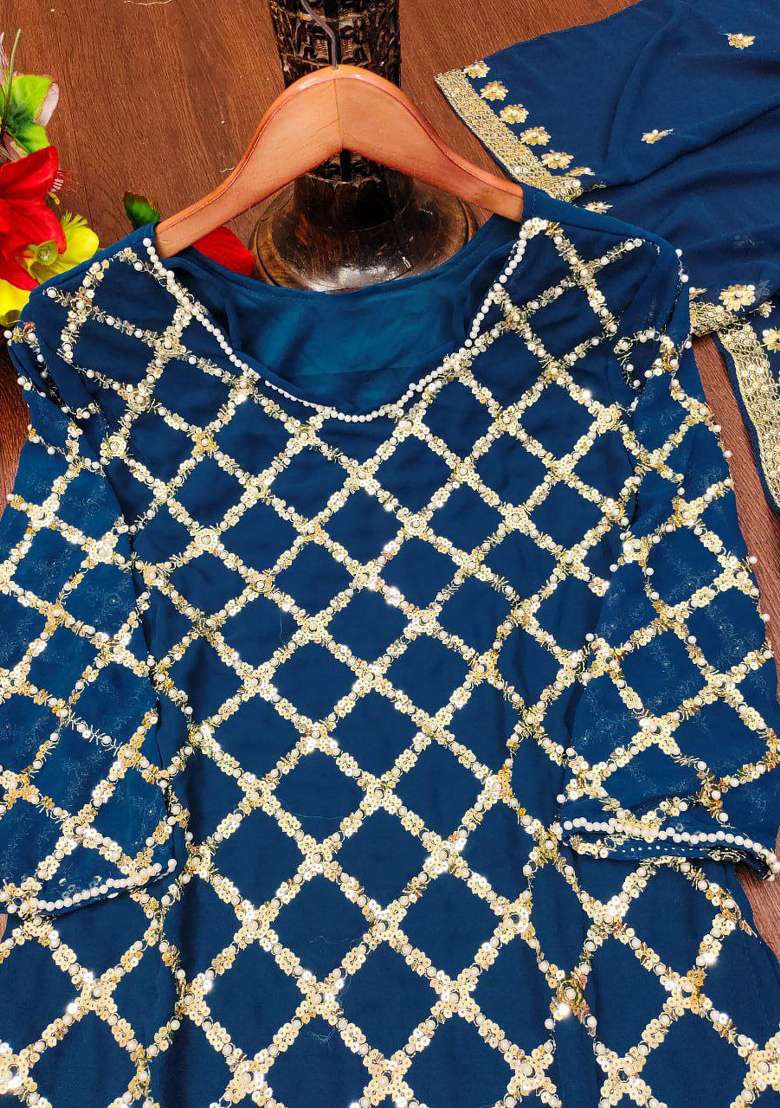 Blue Embroidered Georgette Anarkali Set - Indya