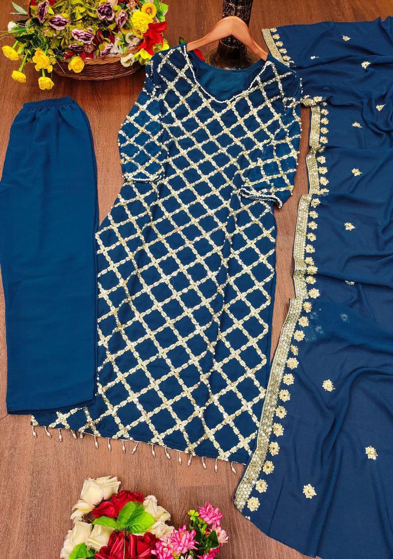 Blue Georgette Embroidered Kurta Set