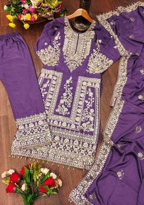 Purple Chinon Embroidered Kurta Set