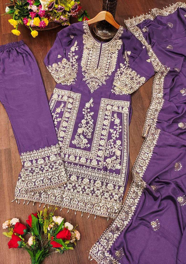 Purple Embroidered Chinon Pakistani Suit Set - Indya