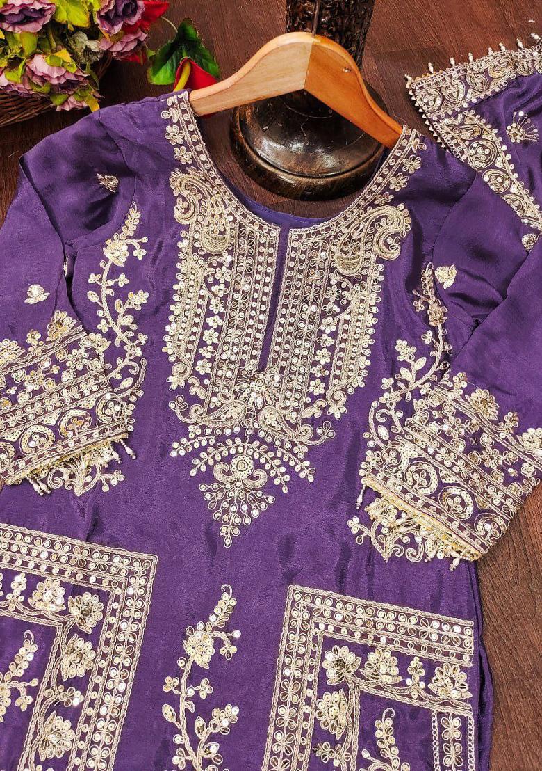 Purple Chinon Embroidered Kurta Set