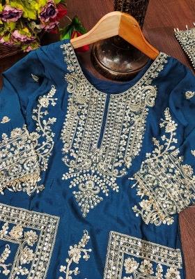 Blue Chinon Embroidered Kurta Set