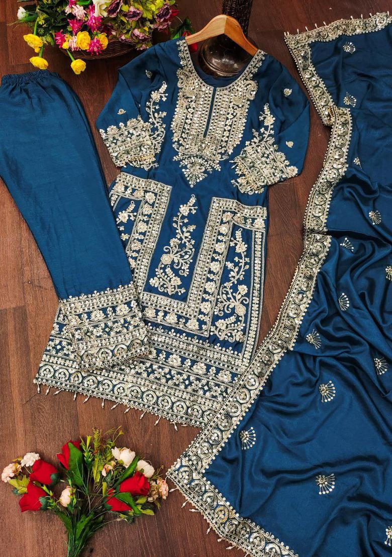 Blue Chinon Embroidered Kurta Set