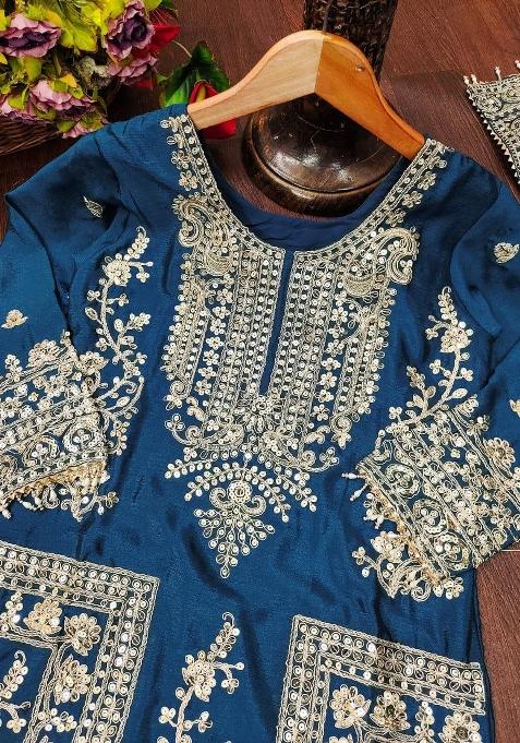 Blue Chinon Embroidered Kurta Set