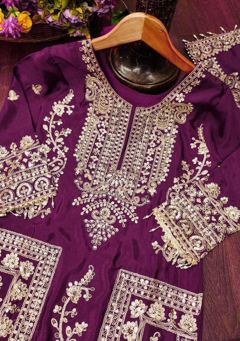 Wine Chinon Embroidered Kurta Set