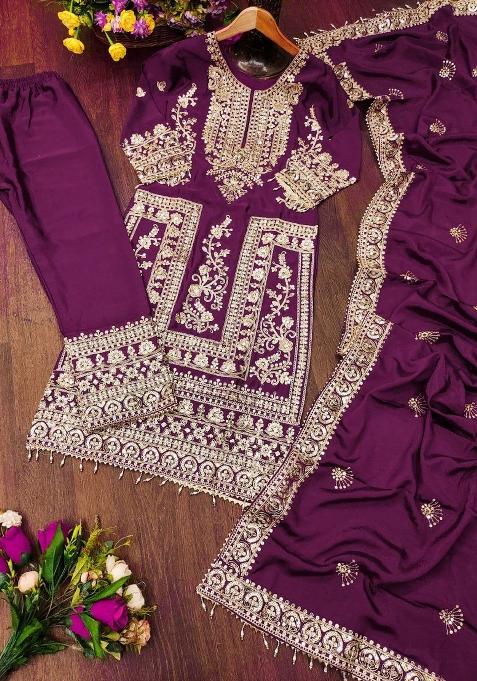 Wine Chinon Embroidered Kurta Set