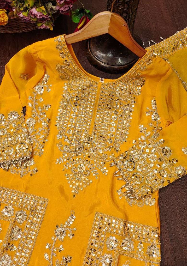 Yellow Embroidered Chinon Kurta - Indya