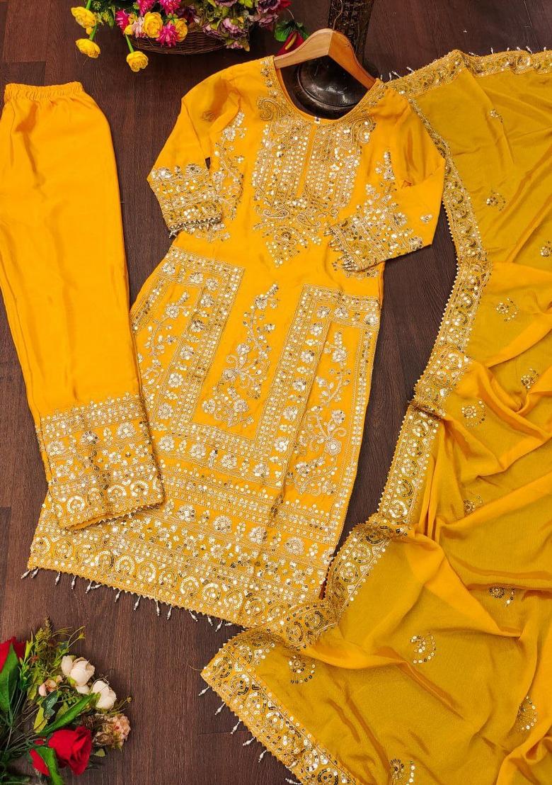 Yellow Chinon Embroidered Kurta Set