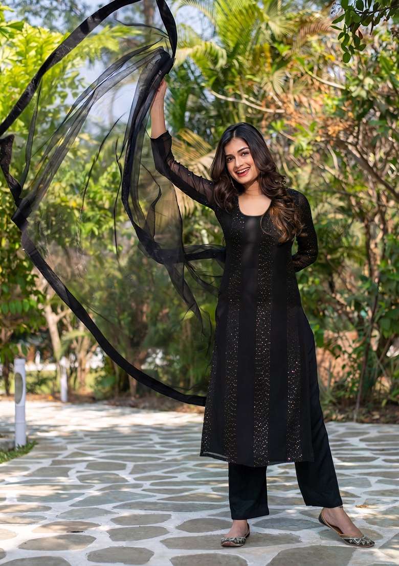 Black Sequin Work Georgette Straight Kurta Set - Indya
