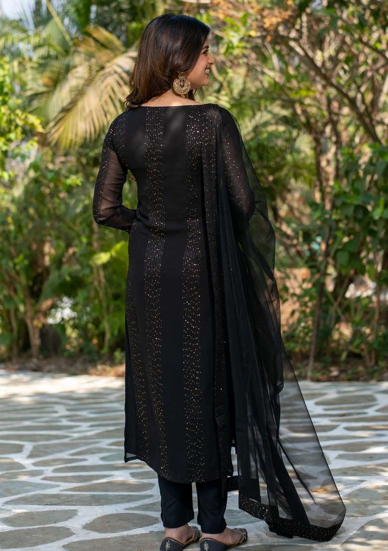 Black Sequin Work Georgette Straight Kurta Set - Indya