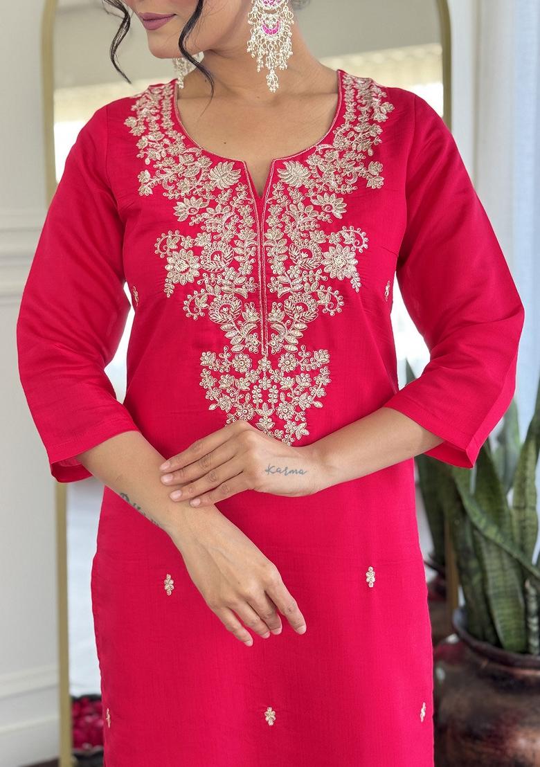 Pink Silk Embroidered Kurta Set