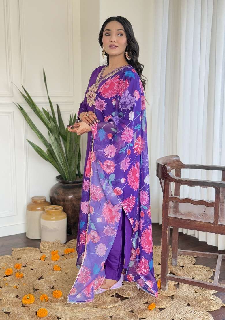 Wine Embroidered Silk Pakistani Suit Set - Indya