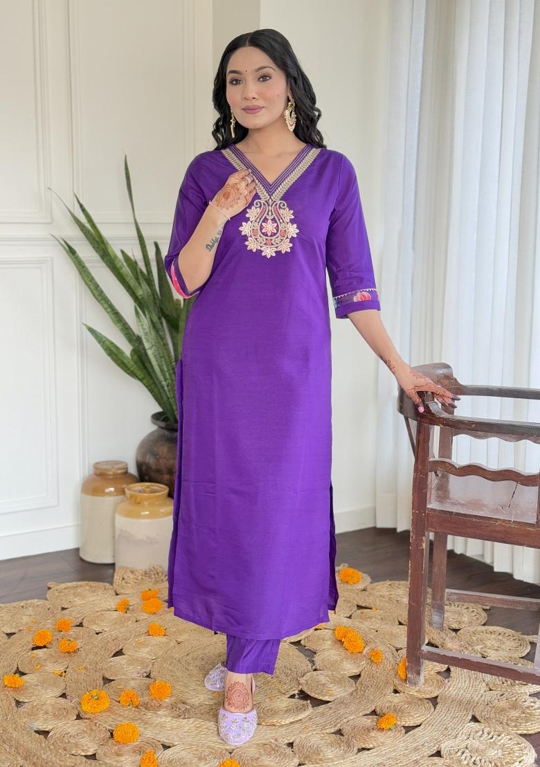 Wine Silk Embroidered Kurta Set