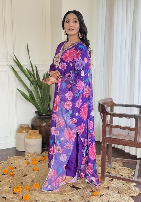 Wine Silk Embroidered Kurta Set