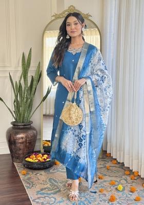 Blue Silk Embroidered Kurta Set