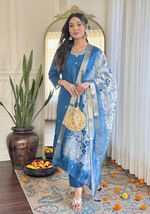 Blue Silk Embroidered Kurta Set