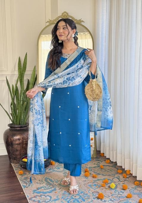 Blue Silk Embroidered Kurta Set