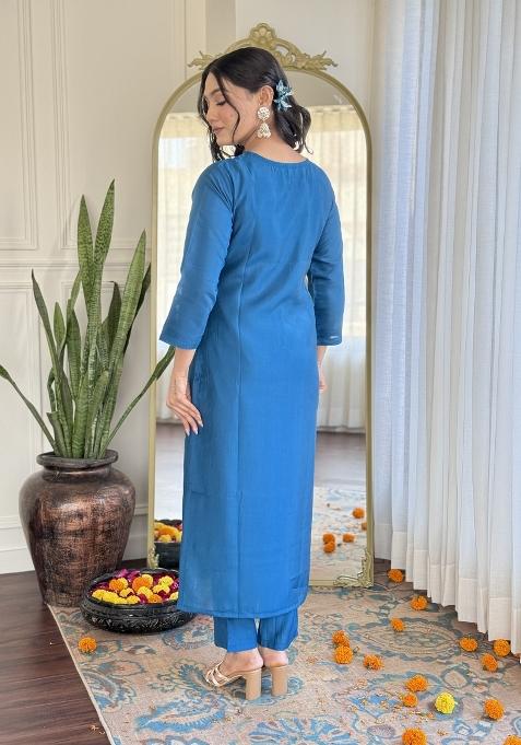 Blue Silk Embroidered Kurta Set