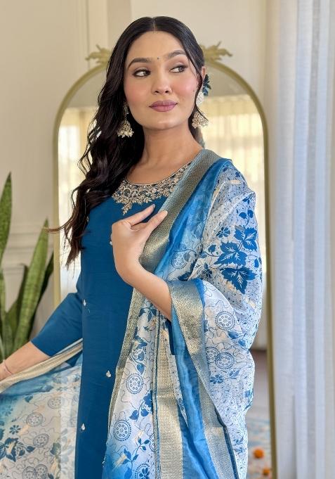 Blue Silk Embroidered Kurta Set